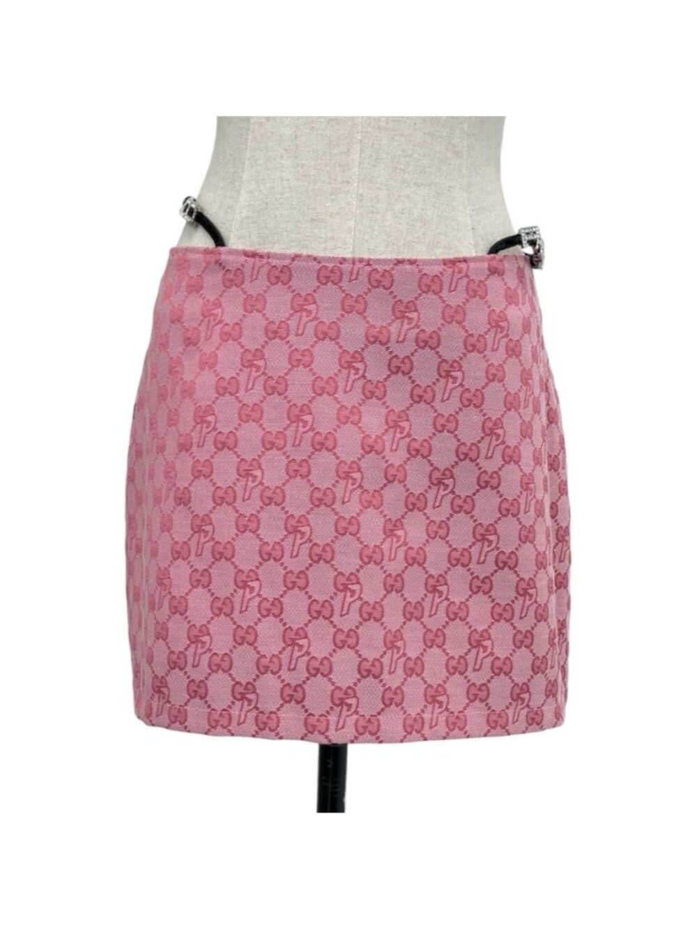 Gucci Palace Collaboration Canvas Lace and Crystal Mini Skirt GG Jacquard Pink